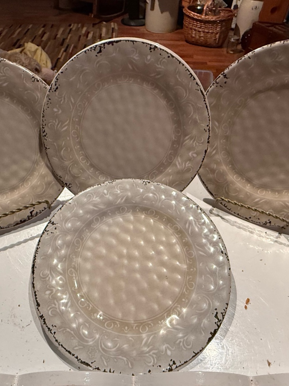 4 Beautiful Taupe / Tan Rustic Medallion Print MELAMINE 10-1/2” Plates Set 4